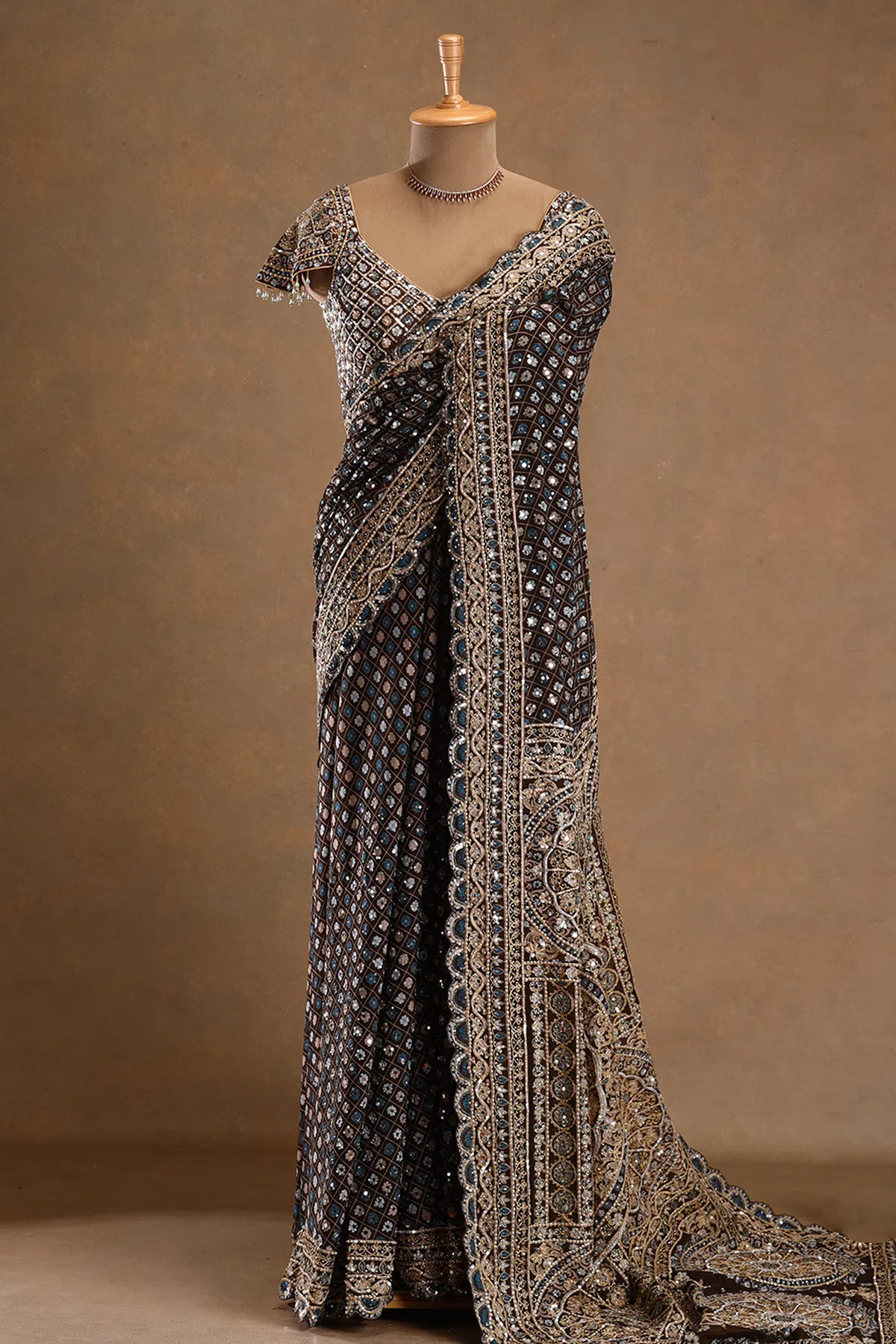 Dark olive green printed crepe saree